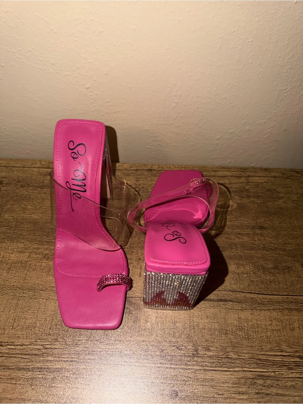 Hot Pink Rhinestone Block Heels - Picture 2 of 3